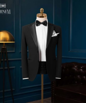 Bộ Tuxedo 2 cúc – đen- ve satin